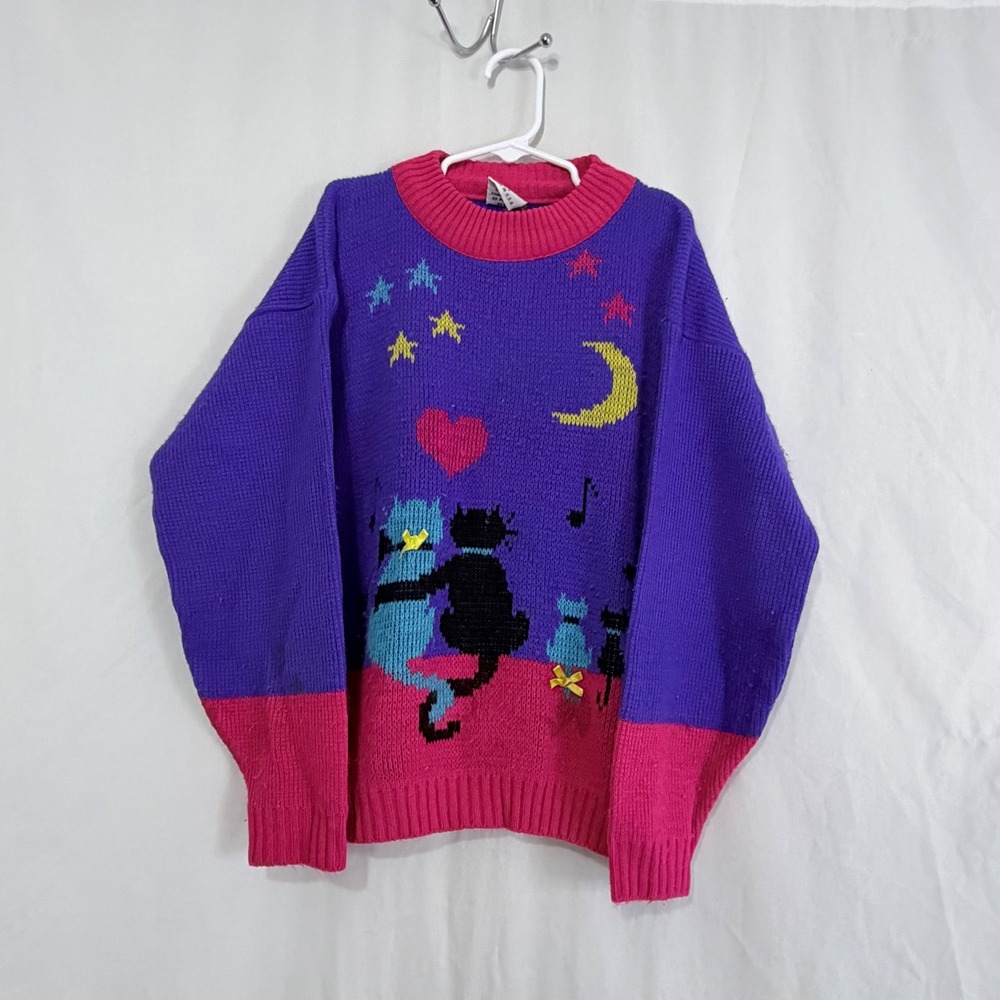 Vintage Hot Fudge Cat‎ Sweater Kids Purple Pink Moon Stars Graphic